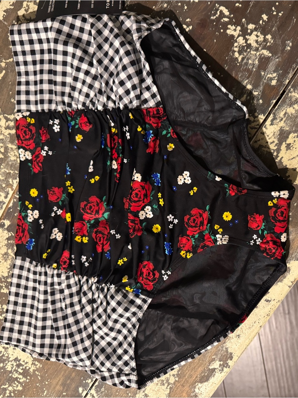 Torrid Floral & Gingham Bikini Bottoms Swimsuit - Black with Red Roses